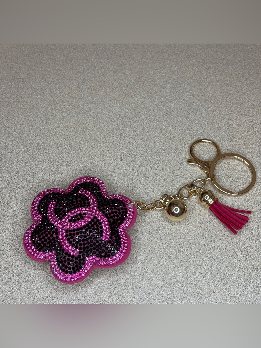 Pink Rhinestone Camellia Flower Keychain / Purse Charm - Picture 4 of 7